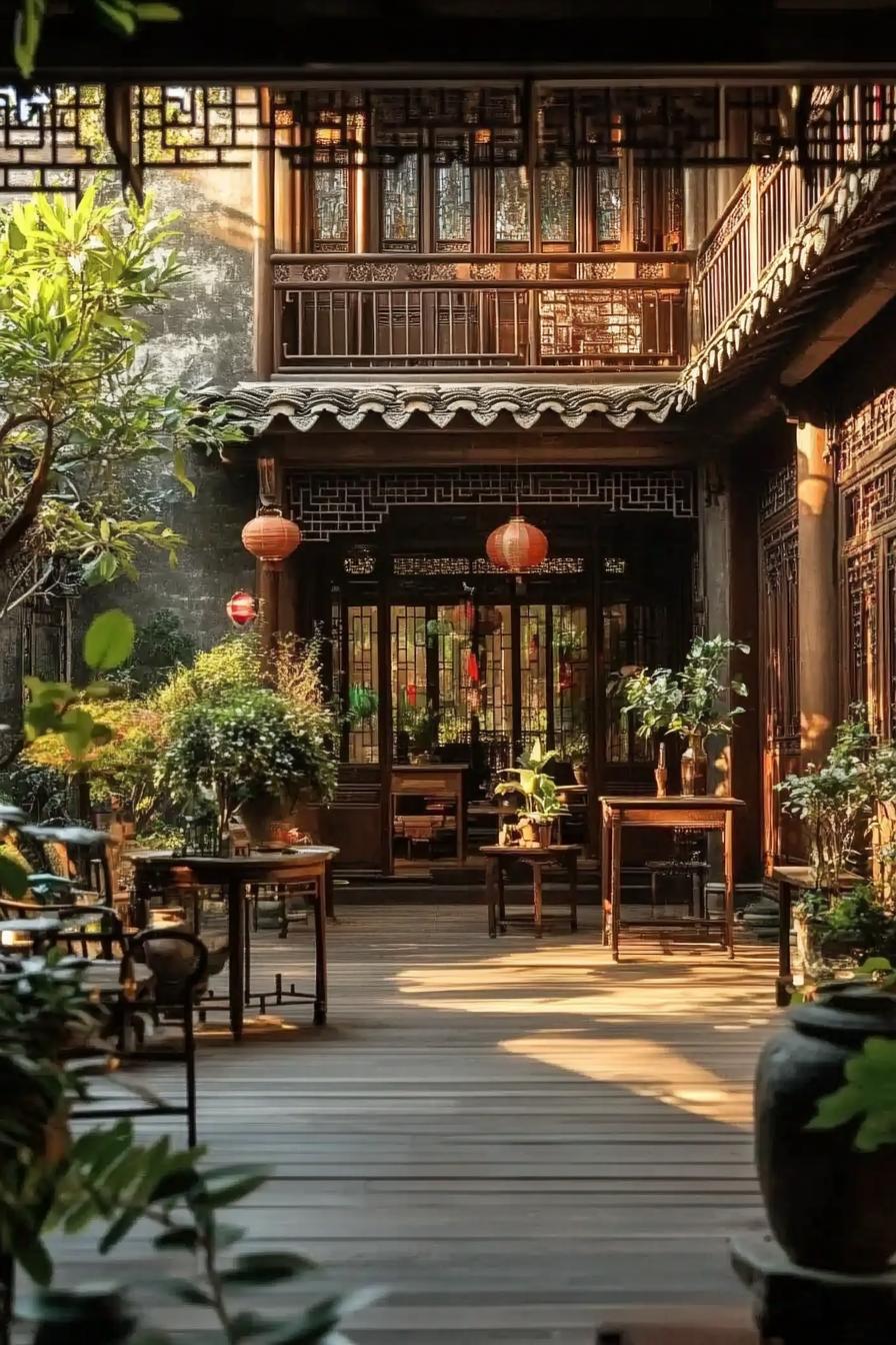 antique chinese house courtyard with hardwood deck antique furniture balcony detailing houseplants 3