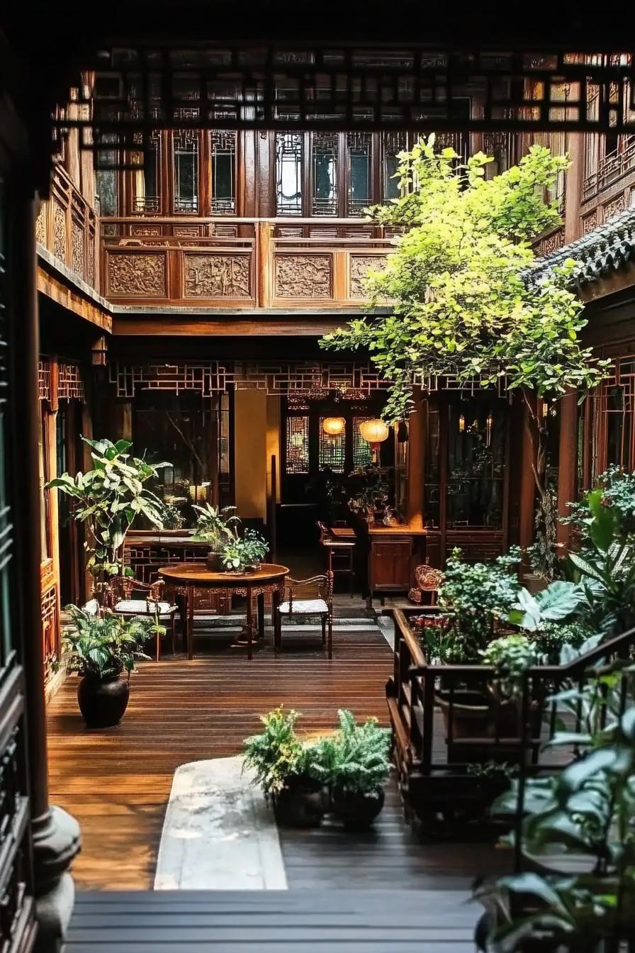 antique chinese house courtyard with hardwood deck antique furniture balcony detailing houseplants