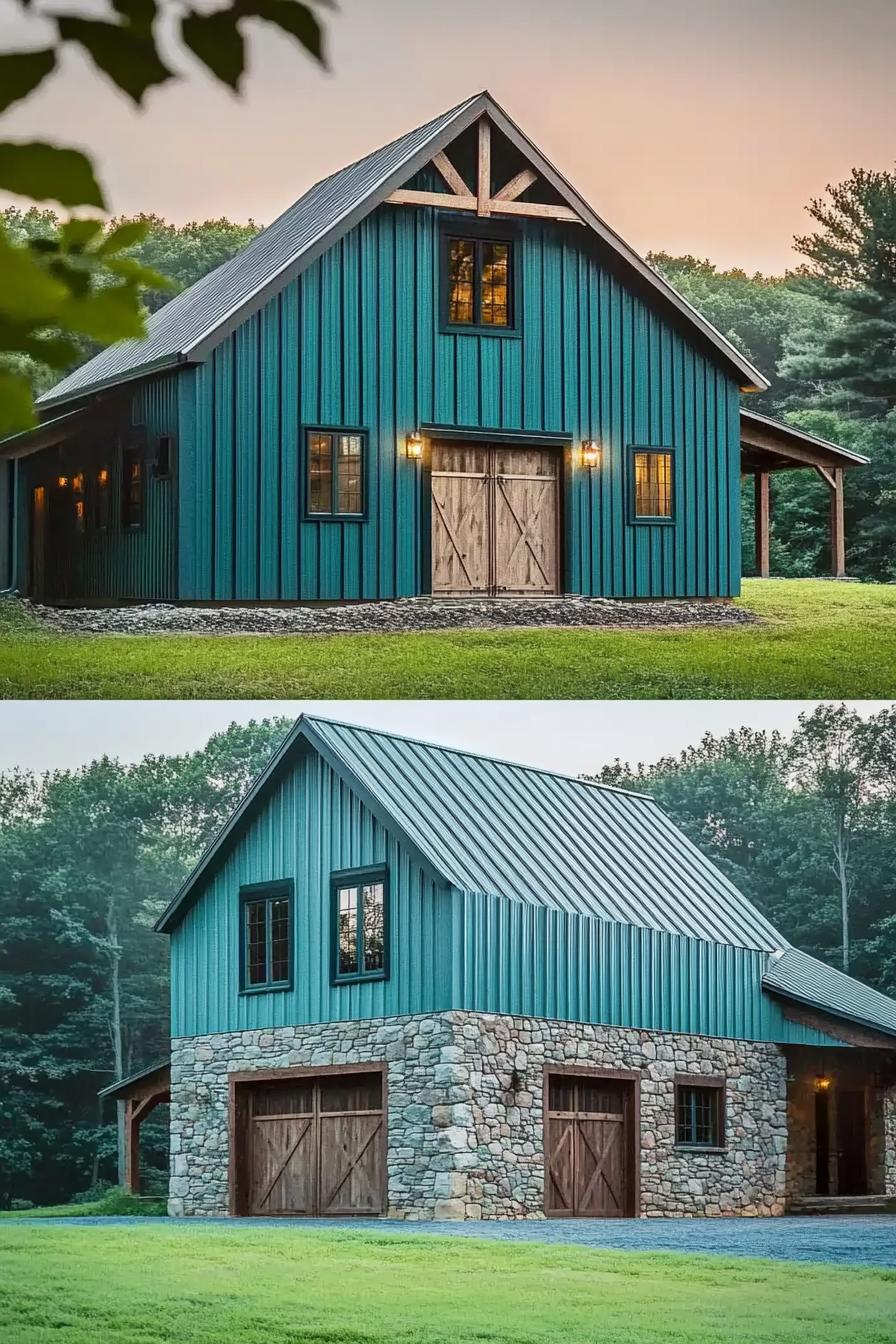 barn house facade with teal vertical slatting and stone foundation forest in the background 1