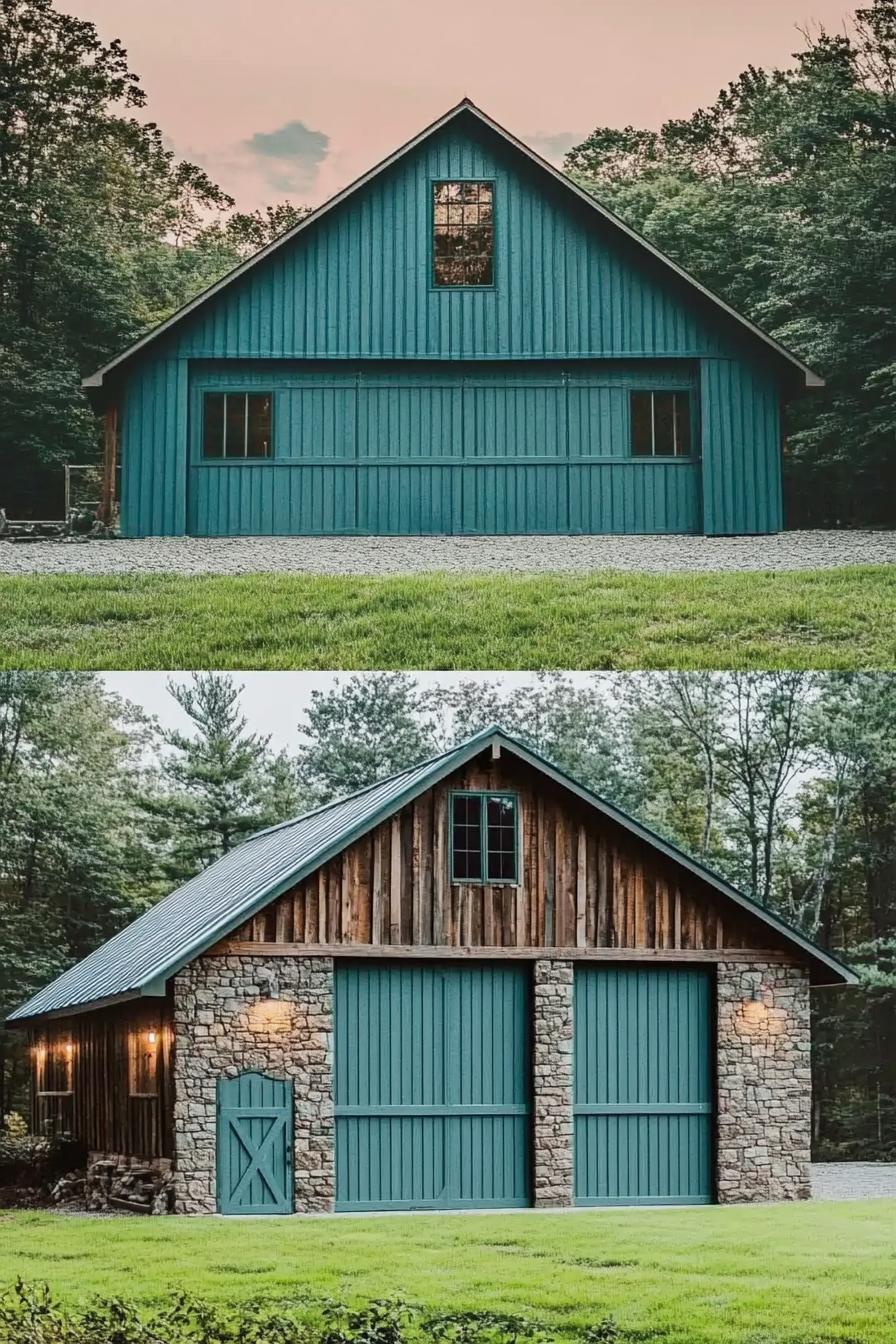 barn house facade with teal vertical slatting and stone foundation forest in the background 2