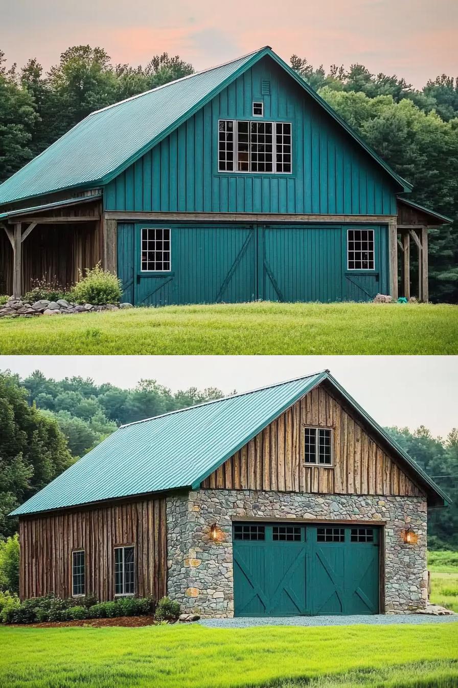 barn house facade with teal vertical slatting and stone foundation forest in the background 3