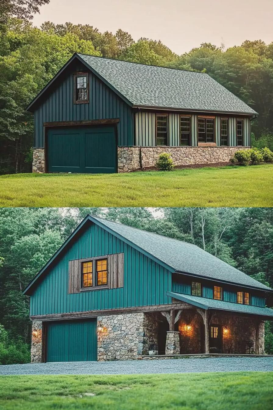 barn house facade with teal vertical slatting and stone foundation forest in the background