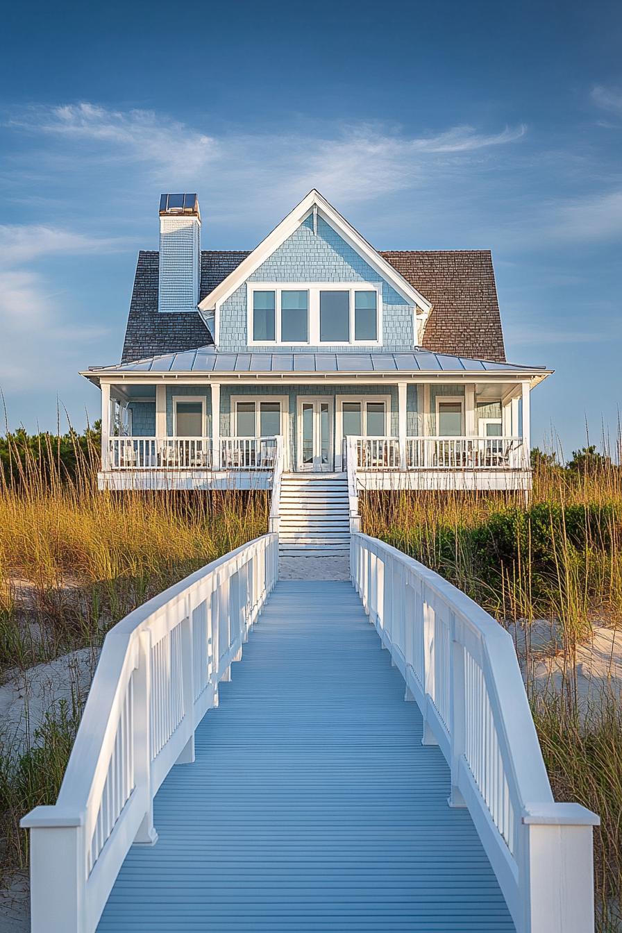 beachfront mansion with baby blue clapboard siding multi pitched roof with gambrels a white bridge leading to it over dunes