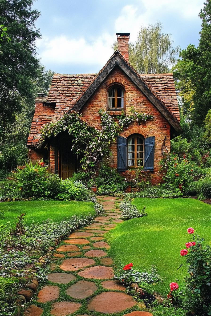 brick cottage with multi pitched roof green lawn landscape