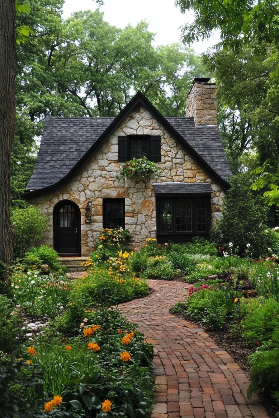 country cottage house with stone siding black window and roof trim a chimney brick paved garden path lush garden with flowers