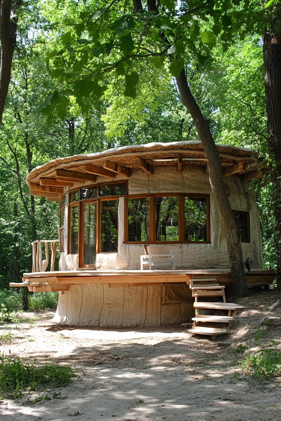 eco friendly round house built from earth bags it has modern windows and a deck porch building site in a clearing of trees