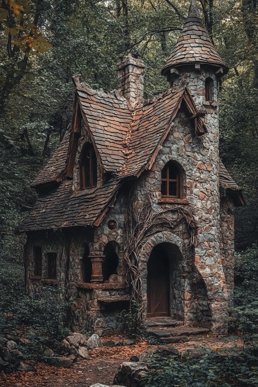 fairy tale stone house with steep gable roof and a turret a chimney arched door and windows detailing of twisted dried tree brances in a lush dark 1