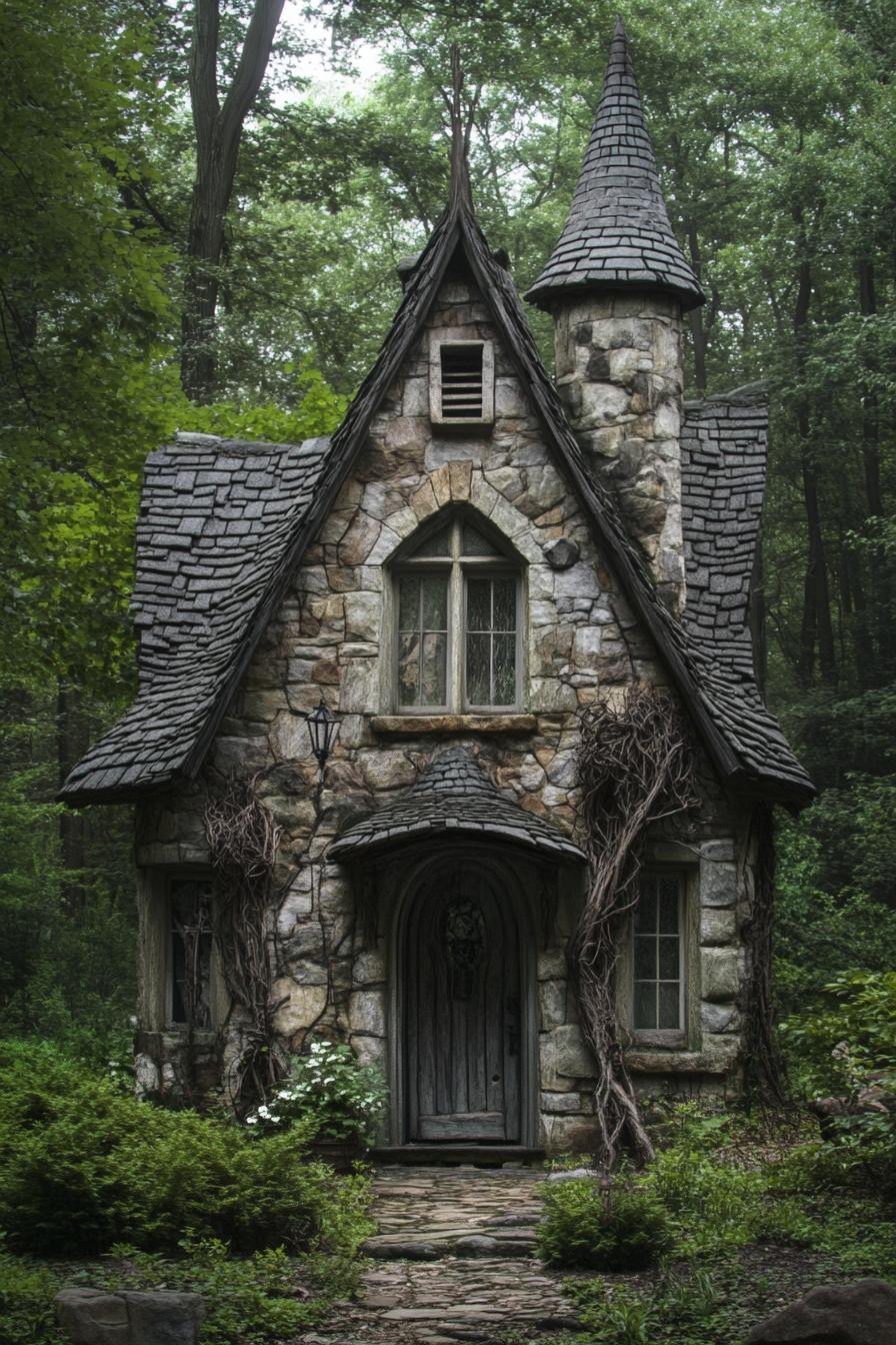 fairy tale stone house with steep gable roof and a turret a chimney arched door and windows detailing of twisted dried tree brances in a lush dark 2