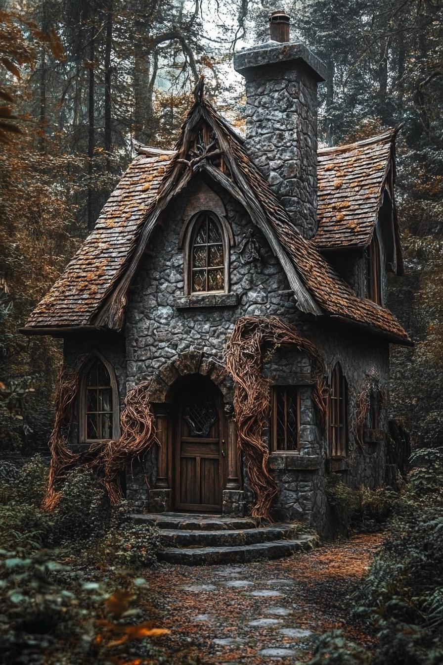 fairy tale stone house with steep gable roof and a turret a chimney arched door and windows detailing of twisted dried tree brances in a lush dark 3