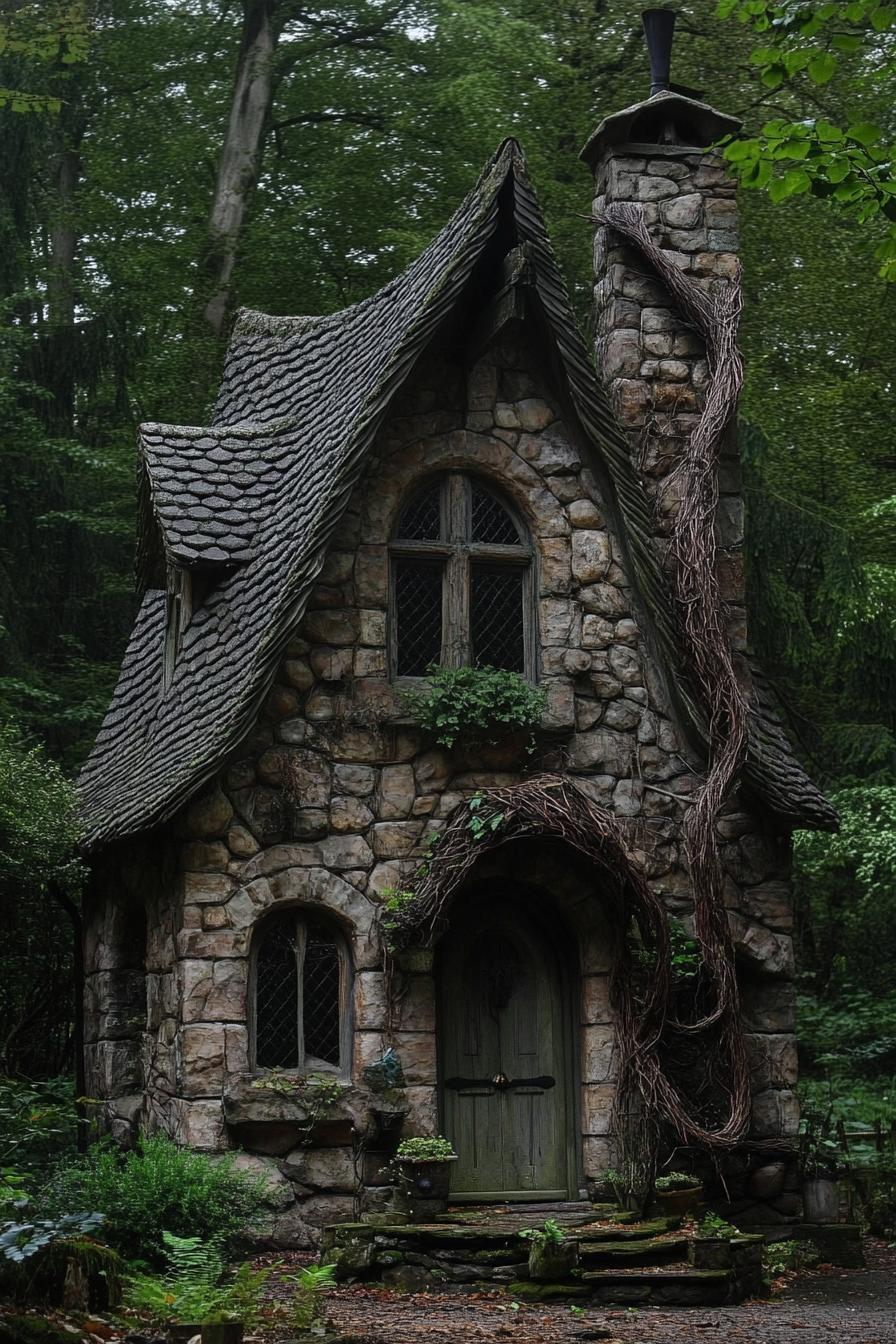 fairy tale stone house with steep gable roof and a turret a chimney arched door and windows detailing of twisted dried tree brances in a lush dark