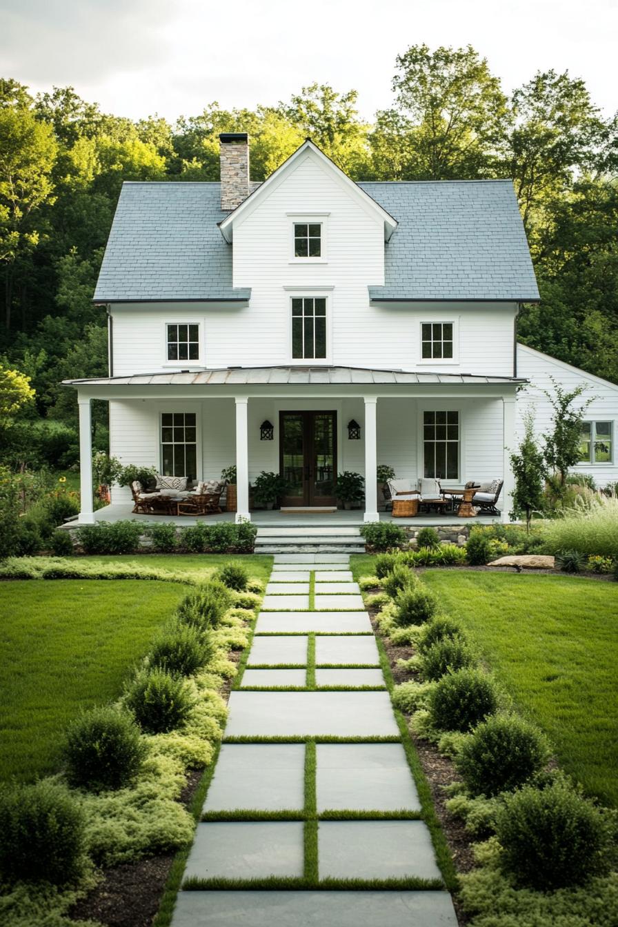 high angle view of a farmhouse home with off white clapboard facade light grey multi pitch hip and valley barn gambrel roof with chimney porch with