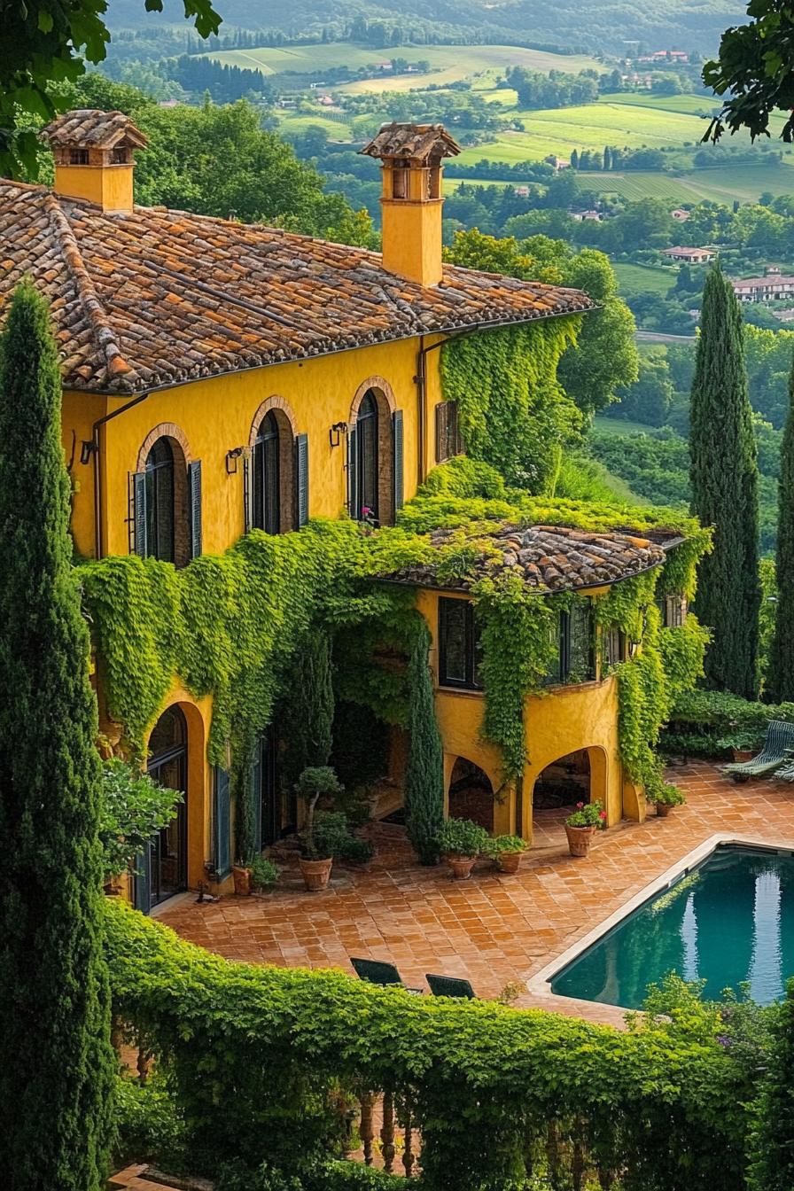 high angle view of an italian villa in yellow stucco facade overgrown with vines yard surrounded by italian cypress pool green italian valley in