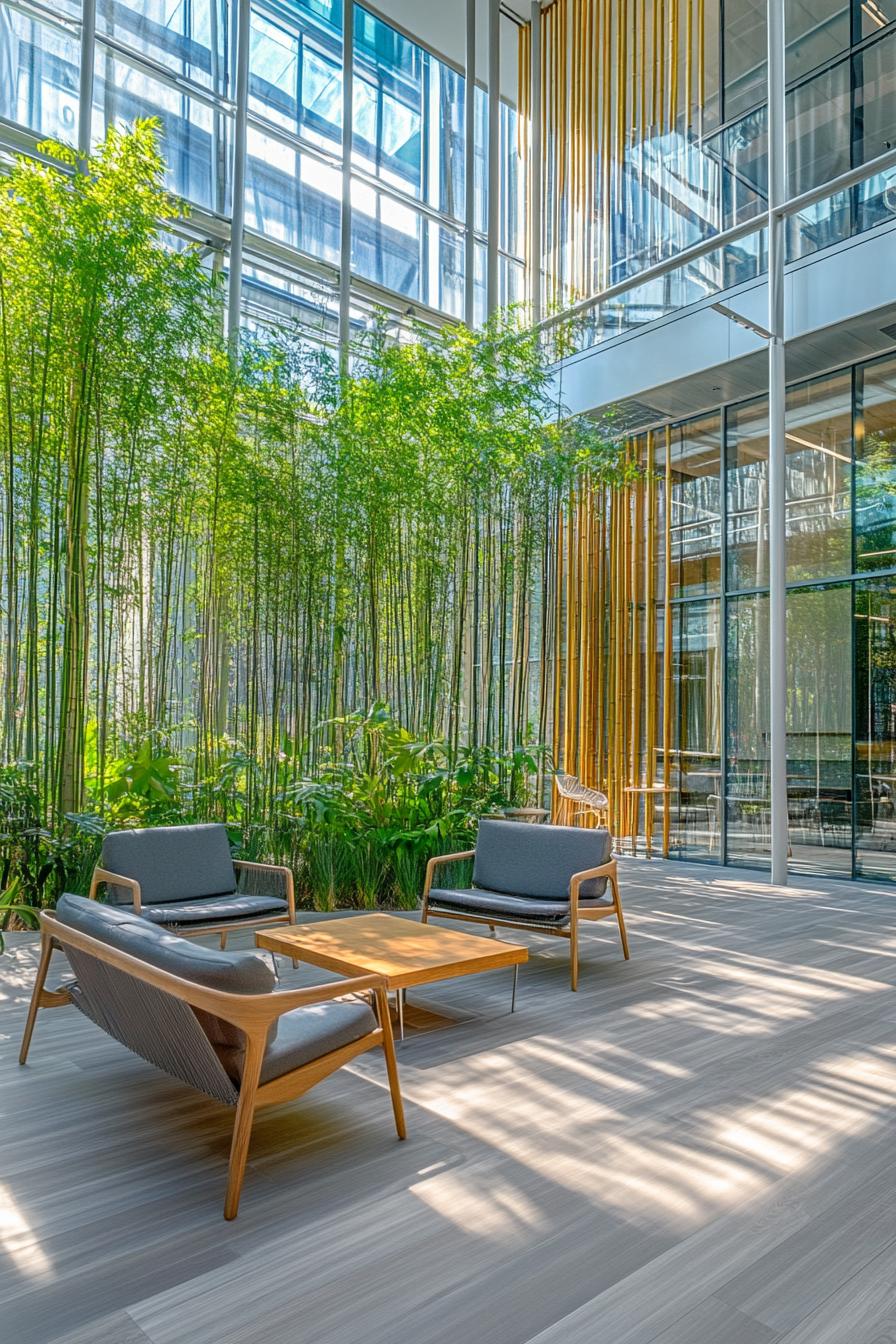 indoor courtyard of a modern building glass encased atrium with lush bamboo lining wooden deck with chairs and modern coffee table wooden slat 1