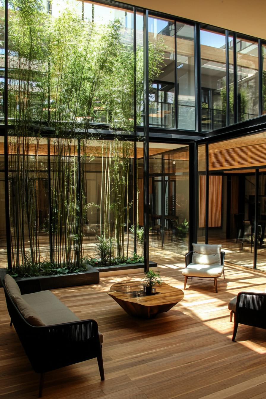 indoor courtyard of a modern building glass encased atrium with lush bamboo lining wooden deck with chairs and modern coffee table wooden slat