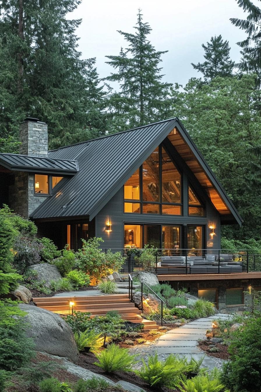 large a frame house in a forest with greenish grey siding and deck grey metal roof deck with steps forest path with garden lighting pine trees