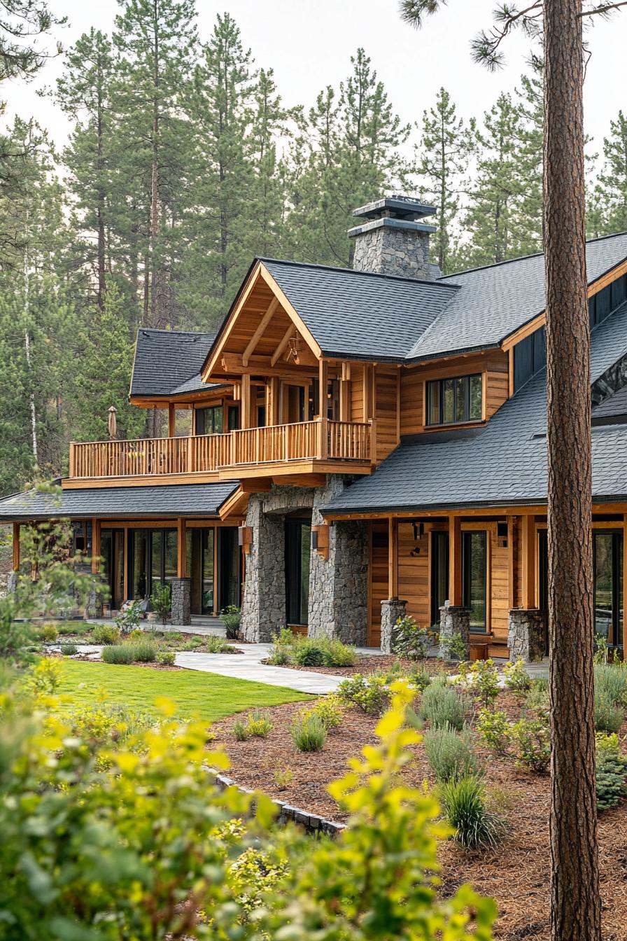 large forest lodge with wooden siding multi pitched grey roof stone columns balconies with wooden railings large yard between tall pine trees 1