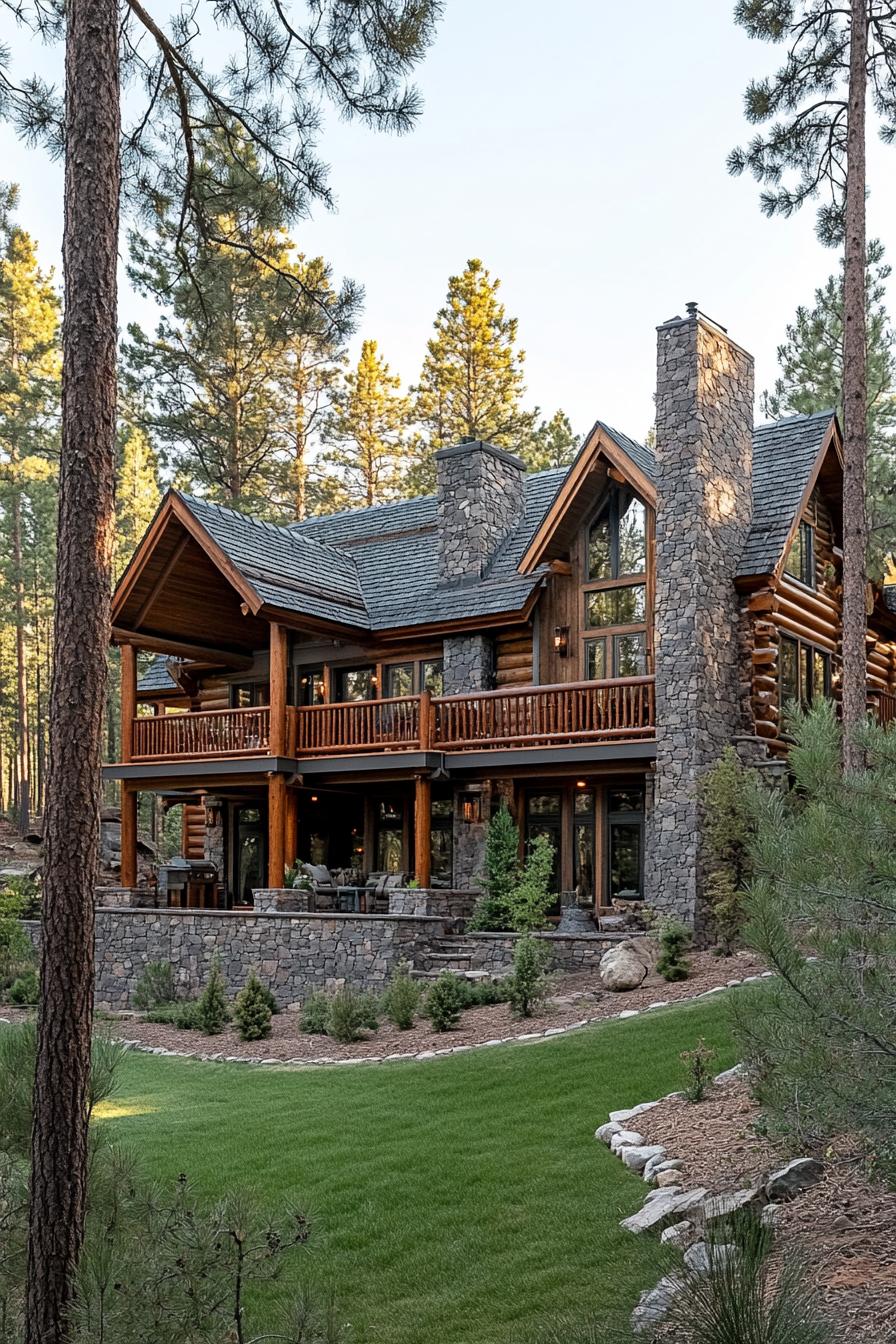 large forest lodge with wooden siding multi pitched grey roof stone columns balconies with wooden railings large yard between tall pine trees 2