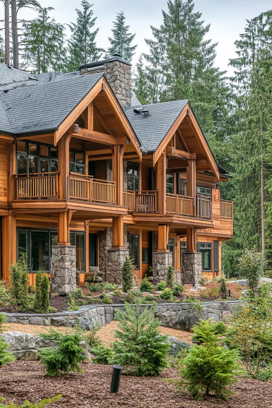 large forest lodge with wooden siding multi pitched grey roof stone columns balconies with wooden railings large yard between tall pine trees 3