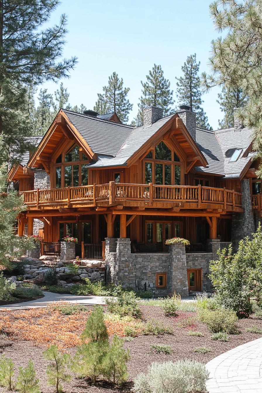 large forest lodge with wooden siding multi pitched grey roof stone columns balconies with wooden railings large yard between tall pine trees