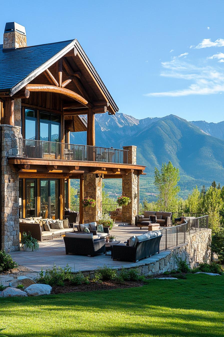 large mountain house exterior with exposed cedar beams stone columns large porch with log railings front yard with large lounge area green mountain range in the background 1