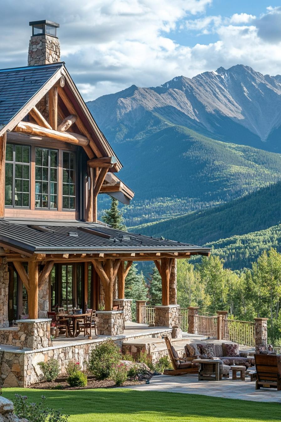 large mountain house exterior with exposed cedar beams stone columns large porch with log railings front yard with large lounge area green mountain range in the background 3