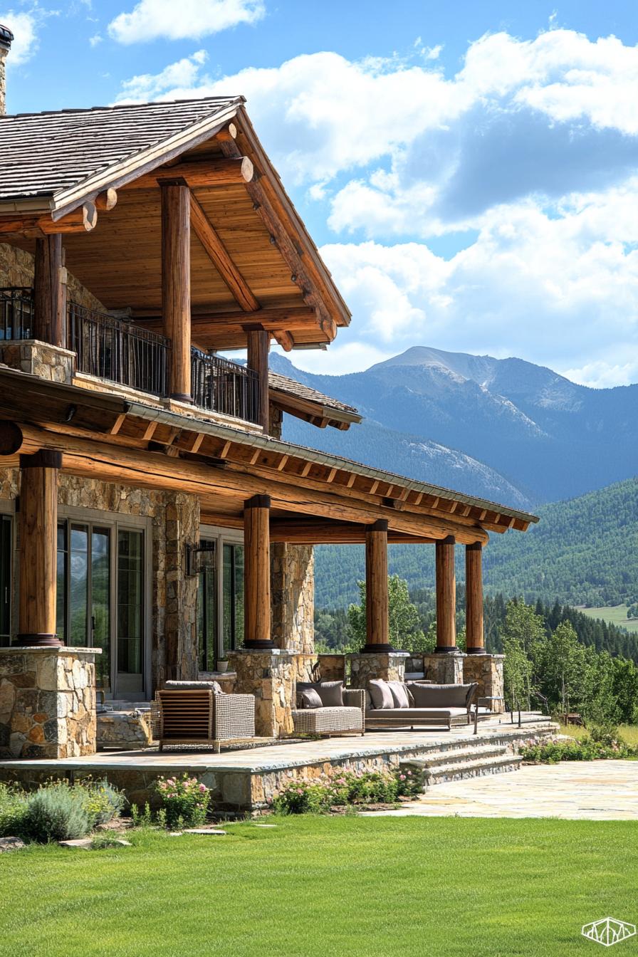 large mountain house exterior with exposed cedar beams stone columns large porch with log railings front yard with large lounge area green mountain range in the background