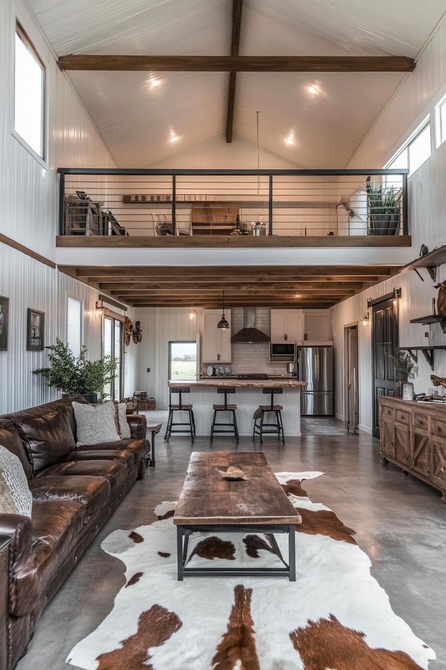 lofted barndominium interior farmhouse style with modern elements