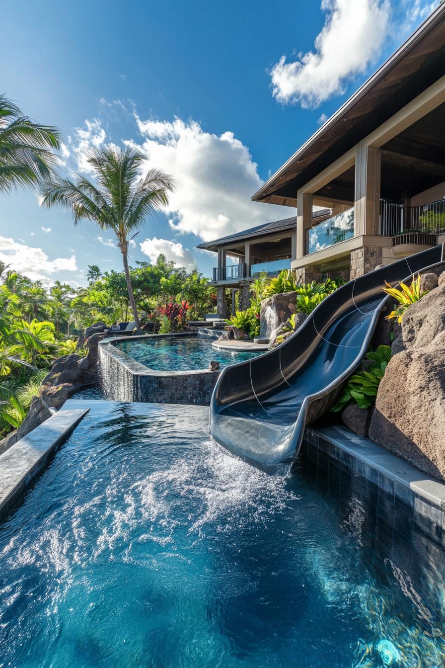 luxury modern dark granite house yard pool with a slide coming from the terrace pool is bordered with boulders there are tropical plants around