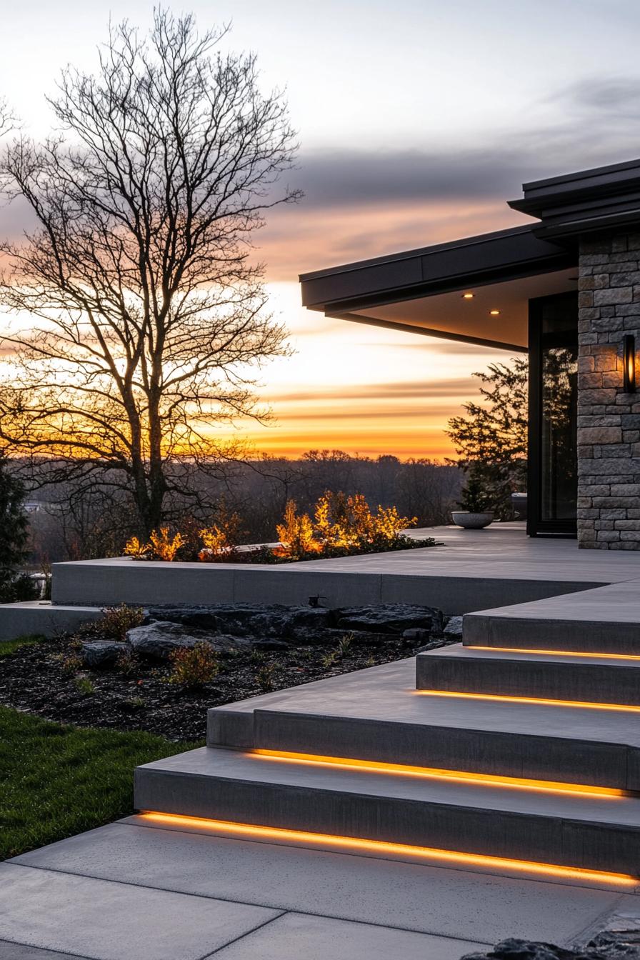 luxury modern house in stone siding black flat roof LED lighting large front deck in concrete epoxy landscape with concrete plant beds sunset in 1