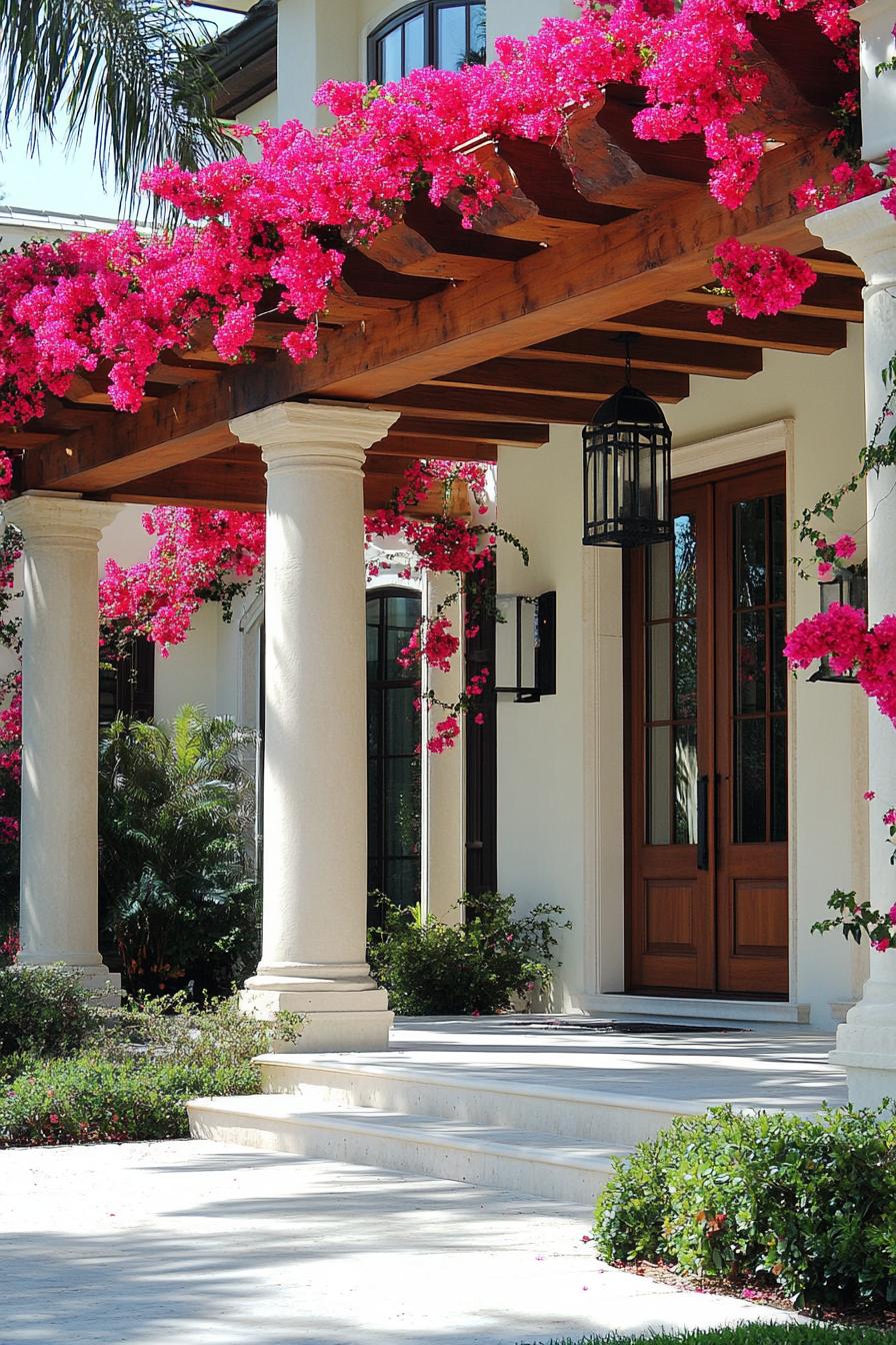 mediterranean revival architecture house front porch pergola with blossoming Bougainvilleas 1