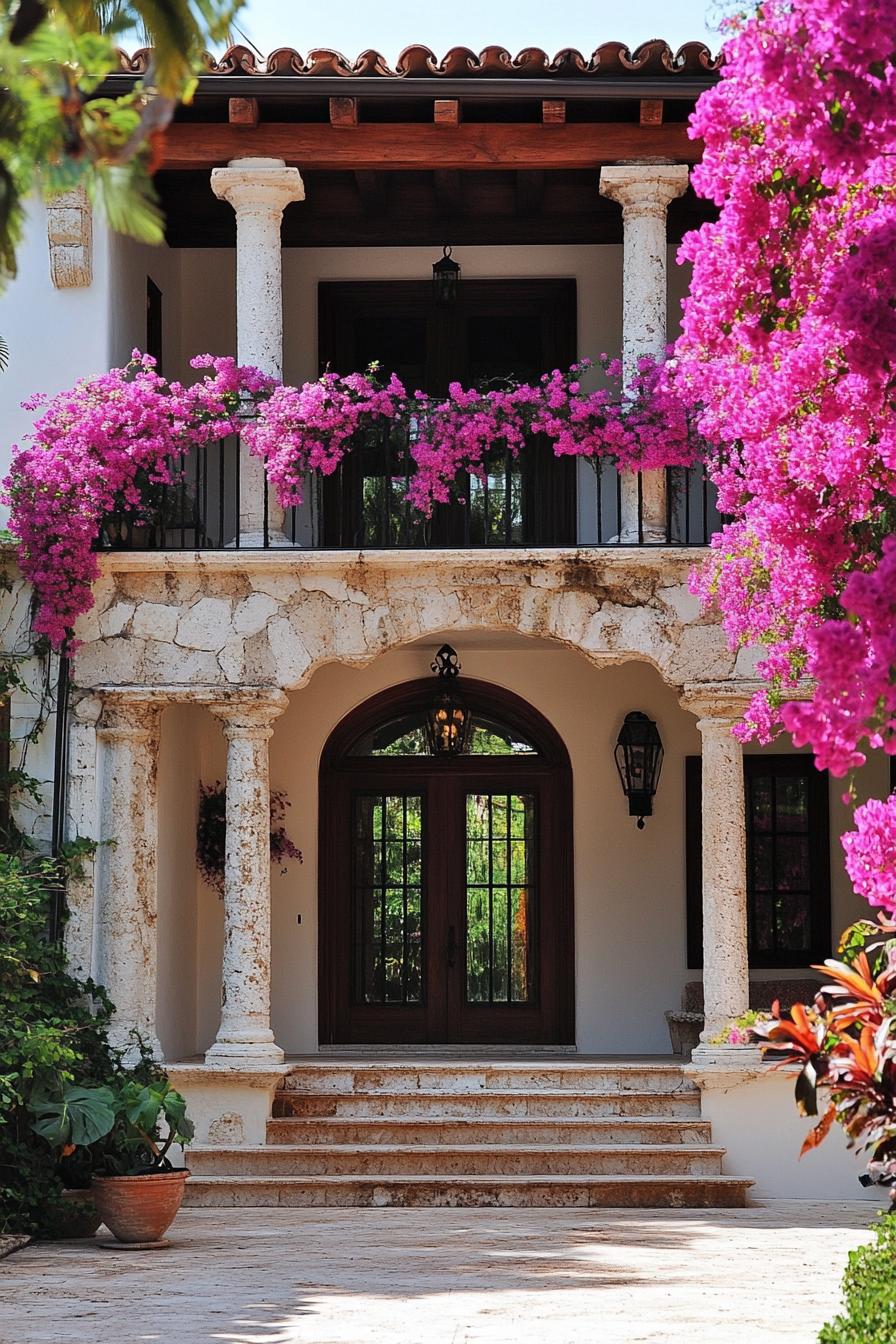 mediterranean revival architecture house front porch pergola with blossoming Bougainvilleas 2