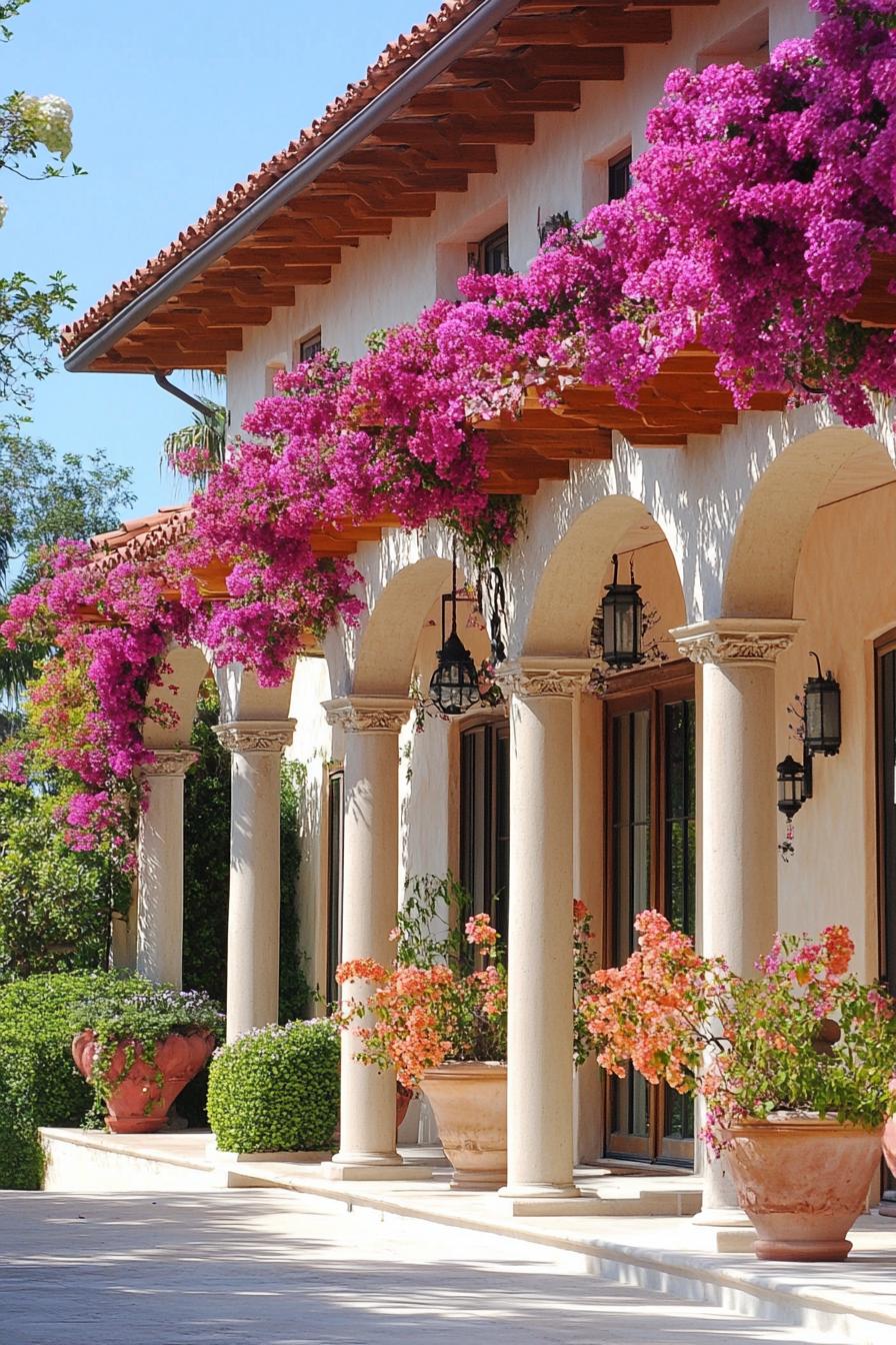 mediterranean revival architecture house front porch pergola with blossoming Bougainvilleas 3