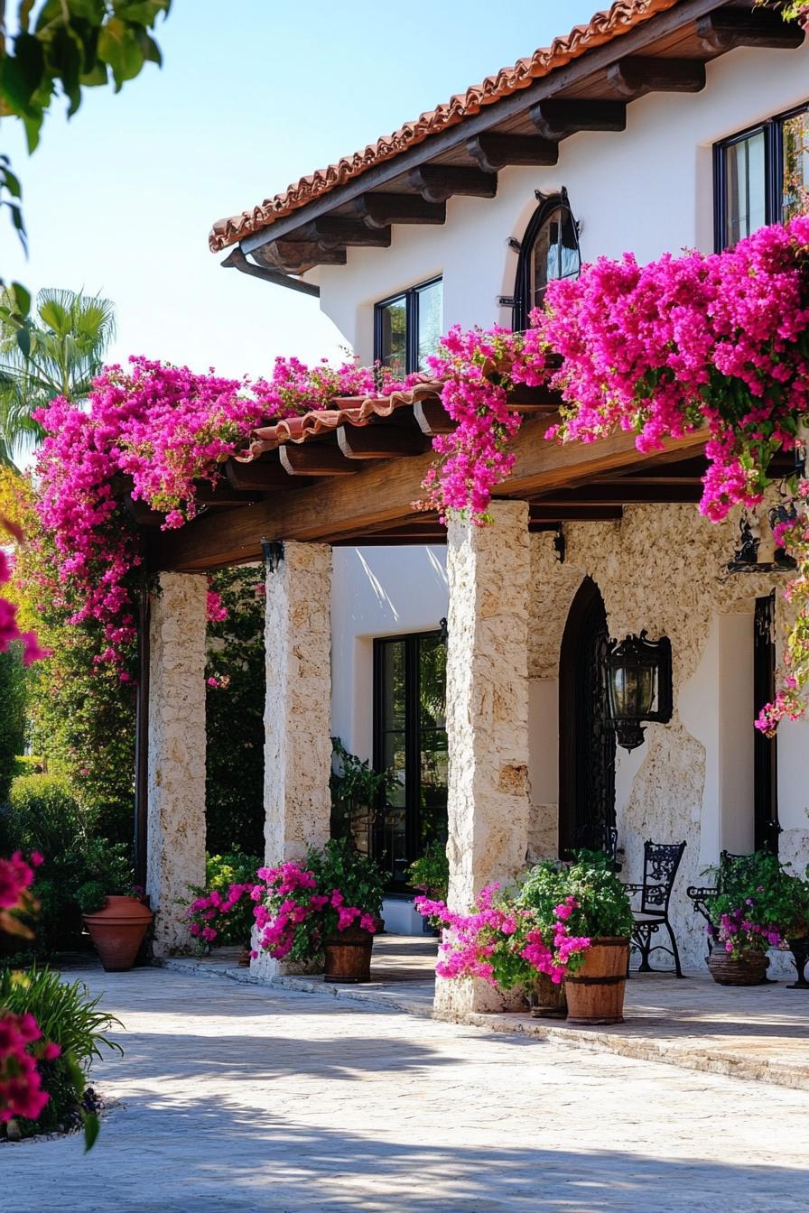 mediterranean revival architecture house front porch pergola with blossoming Bougainvilleas