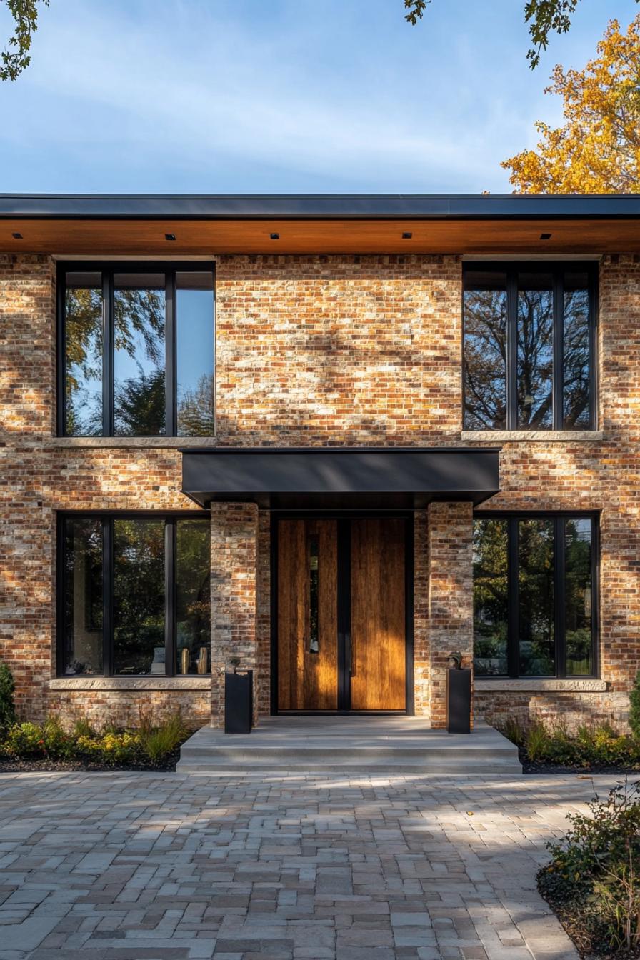 mid century modern and antique style house brick facade with antique stonework accents 2