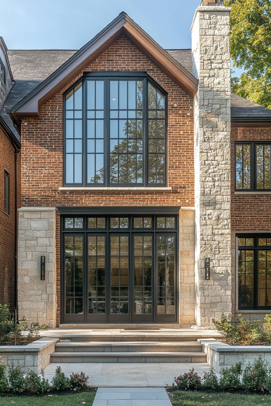 mid century modern and antique style house brick facade with antique stonework accents 3