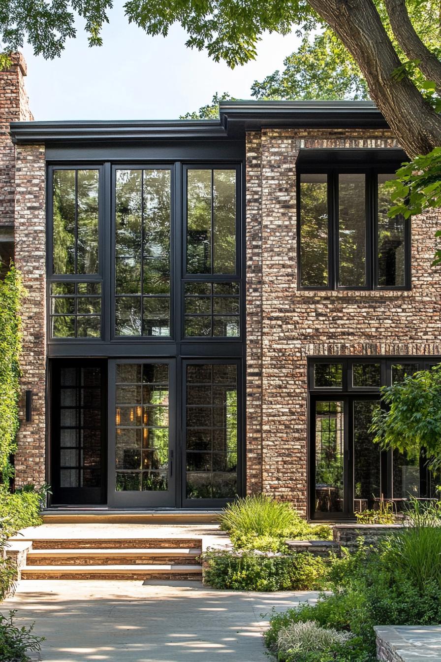 mid century modern and antique style house brick facade with antique stonework accents