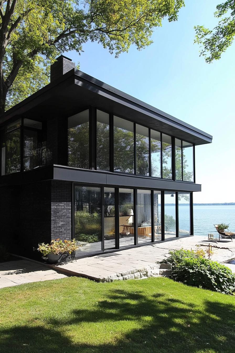 mid century modern black house jet black stucco facade with large glass windows green lakefront 1