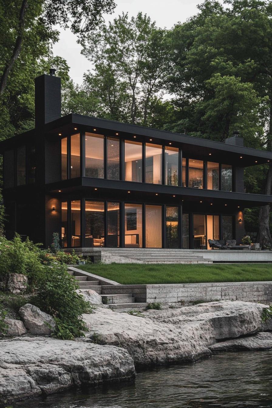 mid century modern black house jet black stucco facade with large glass windows green lakefront 2