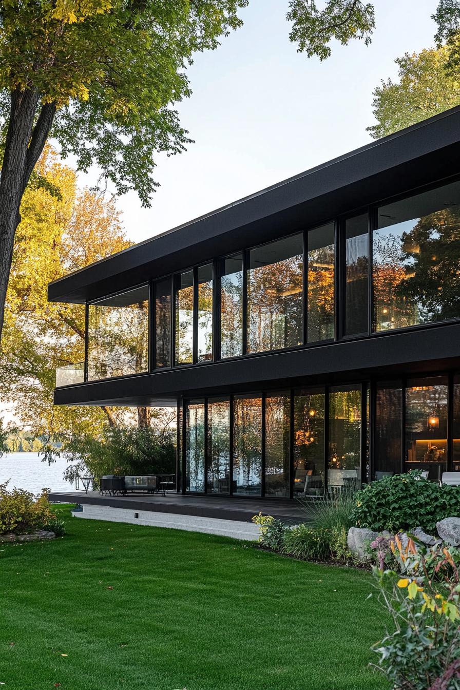 mid century modern black house jet black stucco facade with large glass windows green lakefront 3