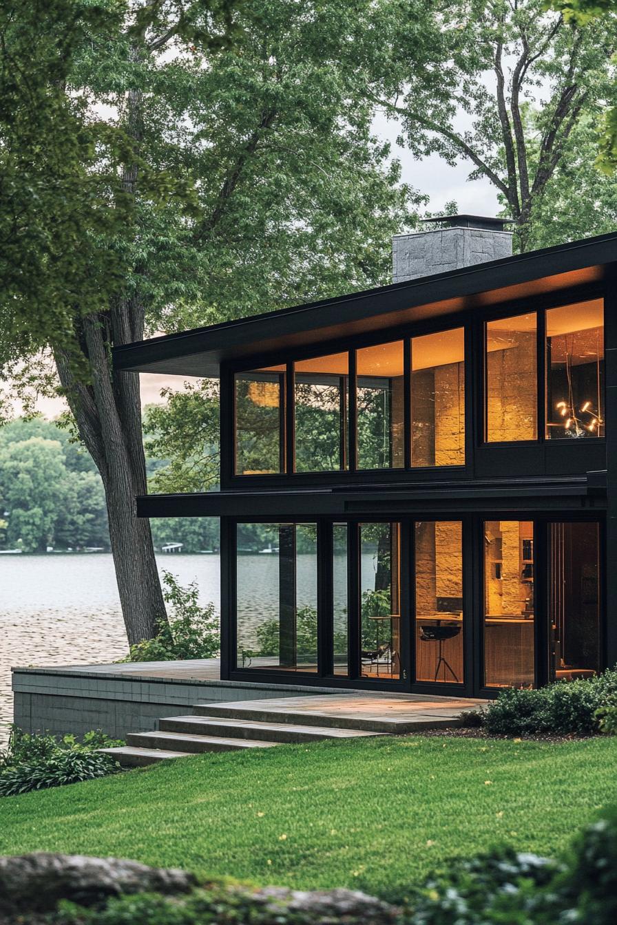 mid century modern black house jet black stucco facade with large glass windows green lakefront