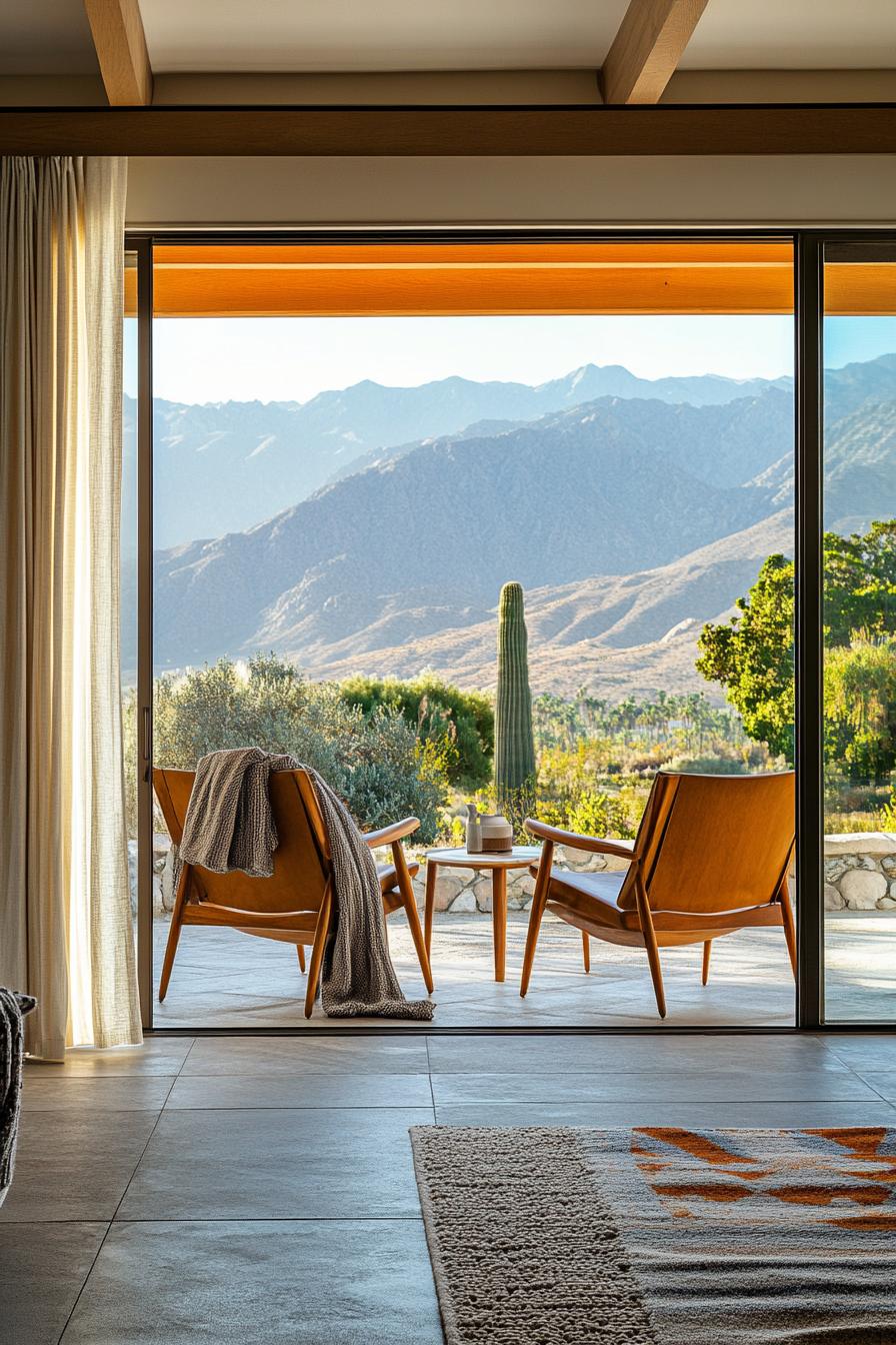 mid century modern house interior with large glass doors leading to a patio splayed leg chairs draped with throw blankets on the patio overlooking stunning mountains afar 1