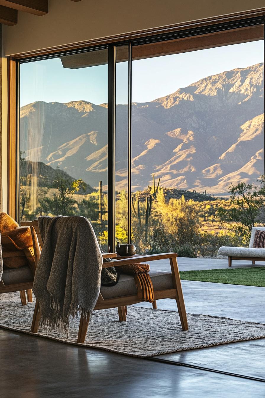 mid century modern house interior with large glass doors leading to a patio splayed leg chairs draped with throw blankets on the patio overlooking stunning mountains afar 2