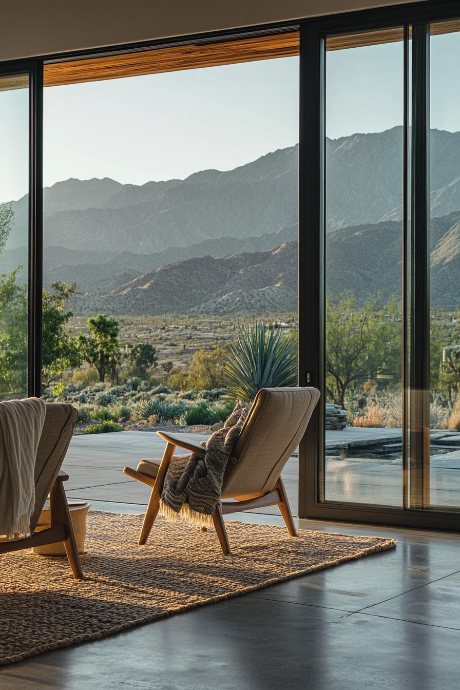 mid century modern house interior with large glass doors leading to a patio splayed leg chairs draped with throw blankets on the patio overlooking stunning mountains afar 3