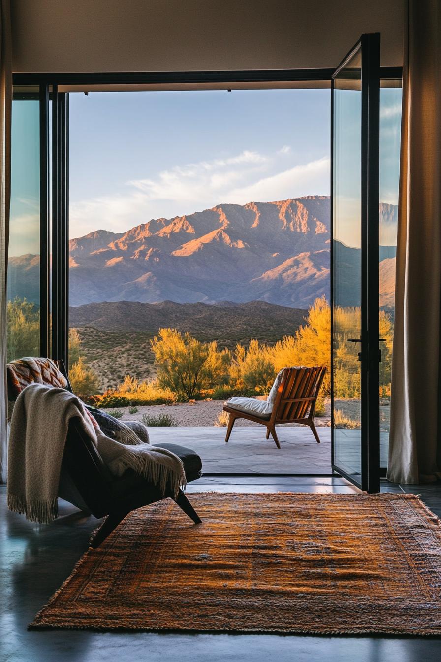 mid century modern house interior with large glass doors leading to a patio splayed leg chairs draped with throw blankets on the patio overlooking stunning mountains afar