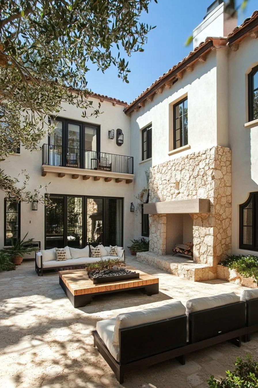 modern Californian house mediterranean style courtyard with stone fireplace 1