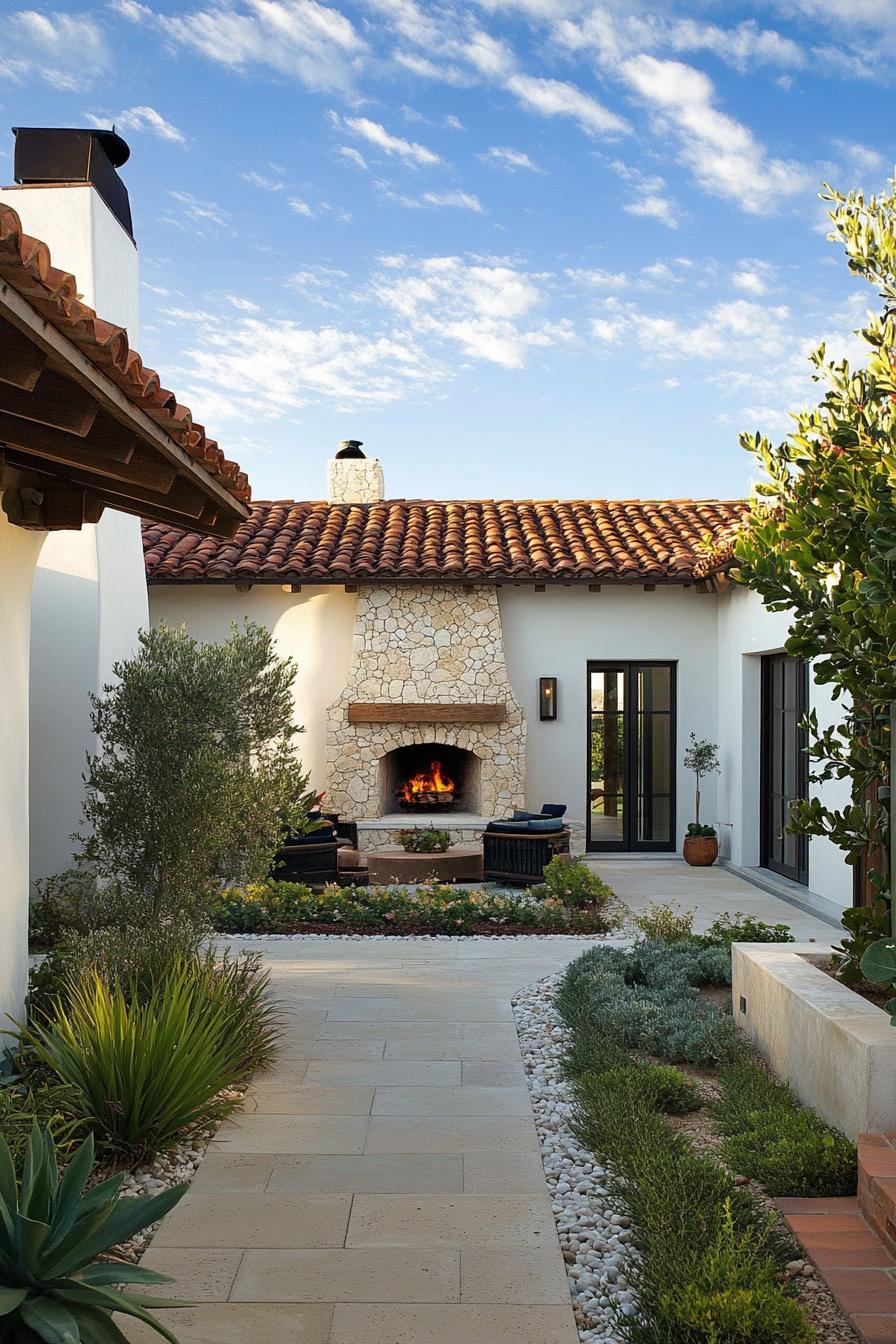 modern Californian house mediterranean style courtyard with stone fireplace 2