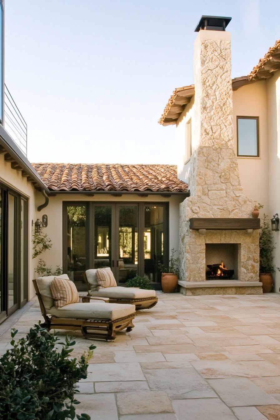 modern Californian house mediterranean style courtyard with stone fireplace 3