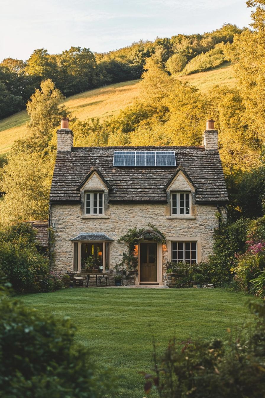 modern English cottage facade with solar roof panels stunning hilly Engish countryside landscape 1