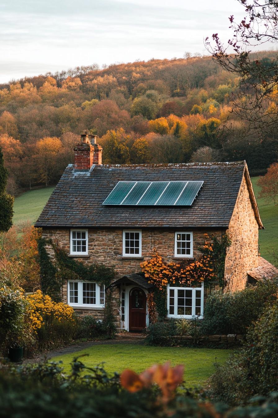 modern English cottage facade with solar roof panels stunning hilly Engish countryside landscape 2