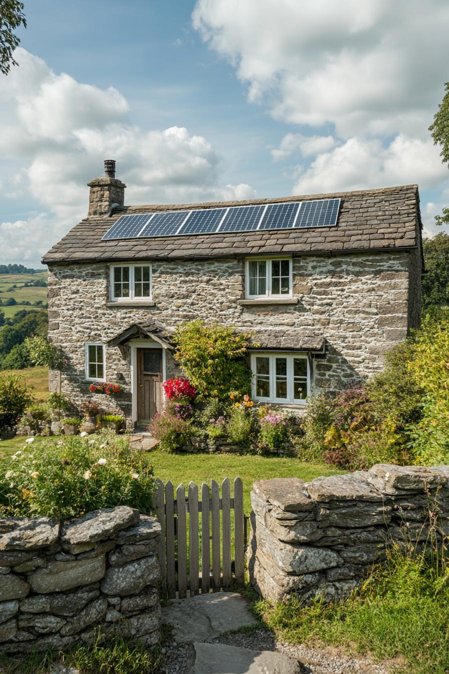 modern English cottage facade with solar roof panels stunning hilly Engish countryside landscape 3